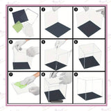 Step-by-step assembly photo of flat-packed acrylic display case with card-slot system