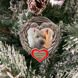 Angel wings ornament featuring a dog photo hanging on a Christmas tree branch as a remembrance decoration.