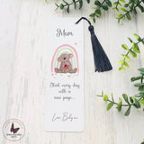 Personalised Metal Bookmark, Brown Grey Teddy Bear And Rainbow, Gift For Mum Birthday, Thank You Gift, Book Lover Gift