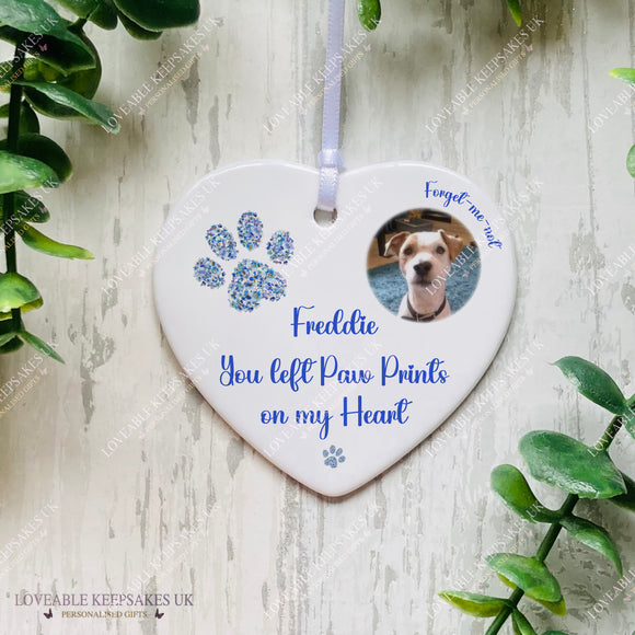 Personalised Photo Forget Me Not Bauble, Memorial Pet Gift, You Left Paw Prints On My Heart