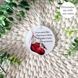 Full view of personalised robin stocking remembrance bauble showing name Mum