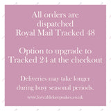 Delivery information card stating all orders are dispatched via Royal Mail Tracked 48, from Loveable Keepsakes UK.