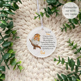 Personalised acrylic robin remembrance bauble hanging on a white ribbon – printed with comforting robin poem and personalised name, memorial Christmas decoration to remember loved ones.