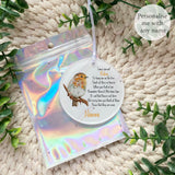 Acrylic robin remembrance bauble shown in holographic gift pouch – personalised with any name and printed with touching robin poem, memorial ornament to remember loved ones at Christmas.