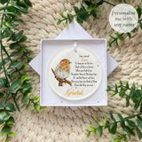 Personalised acrylic robin remembrance bauble displayed in white presentation gift box – features robin design with remembrance poem and name, memorial keepsake decoration for Christmas or all year round.