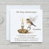 On Your Anniversary – personalised robin and candle memorial card with 'Grandma' on front