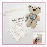Personalised Always With You memorial bear with optional angel wings, personalised gift pouch and keepsake poem card made from loved one's clothing.