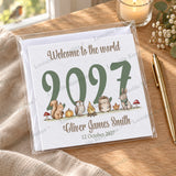 Personalised woodland new baby card with 2027 design, full name and date of birth, supplied with white envelope