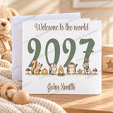 Personalised woodland new baby card with 2027 design, woodland animals and personalised baby name