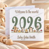 Personalised woodland new baby card with 2026 design, woodland animals and baby name, with white envelope