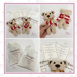 Two personalised Always With You memorial bears made from loved one's clothing with optional angel wings, personalised gift pouches and keepsake poem cards.