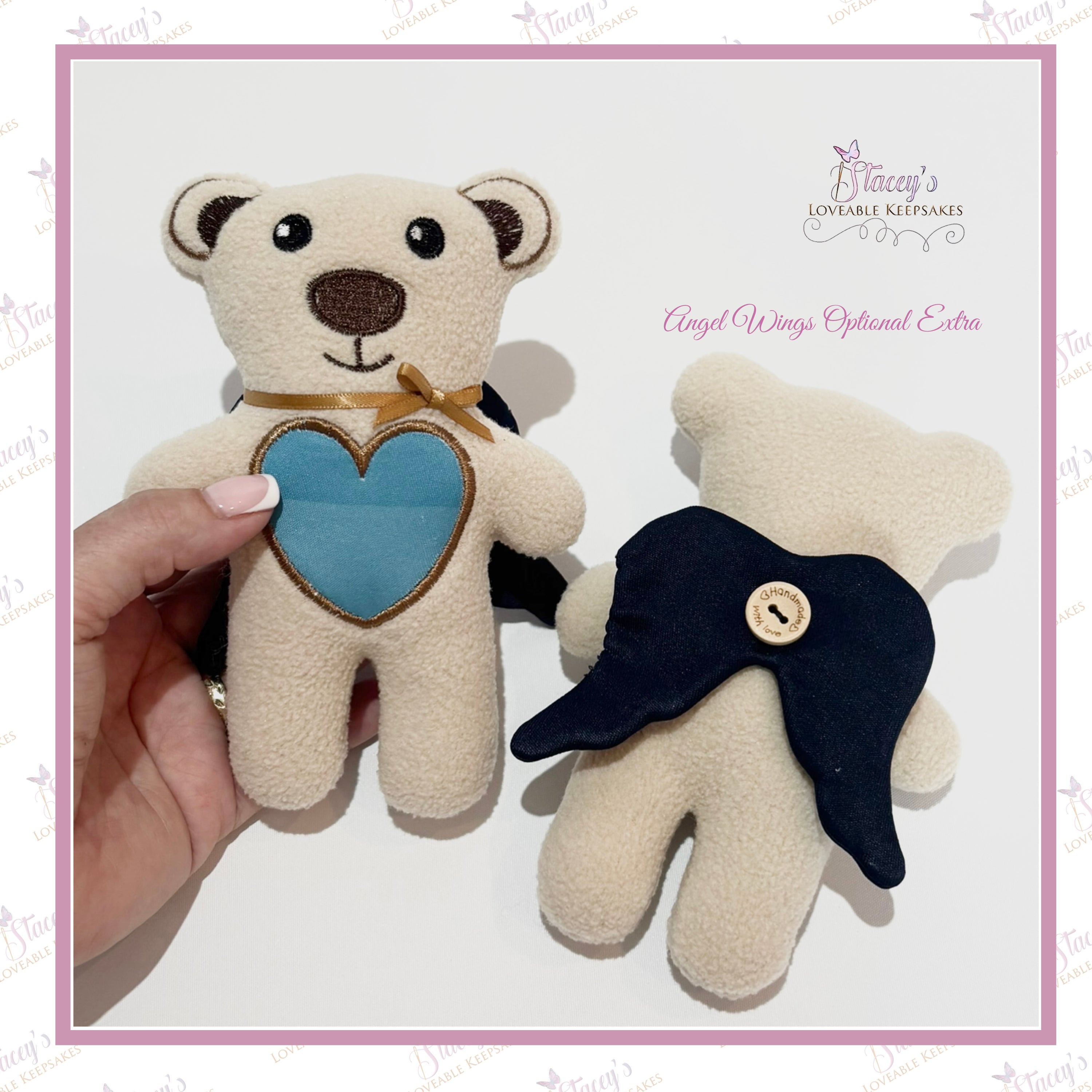 Always With You memorial bear with blue heart made from loved one's clothing and optional navy angel wings shown on the back.