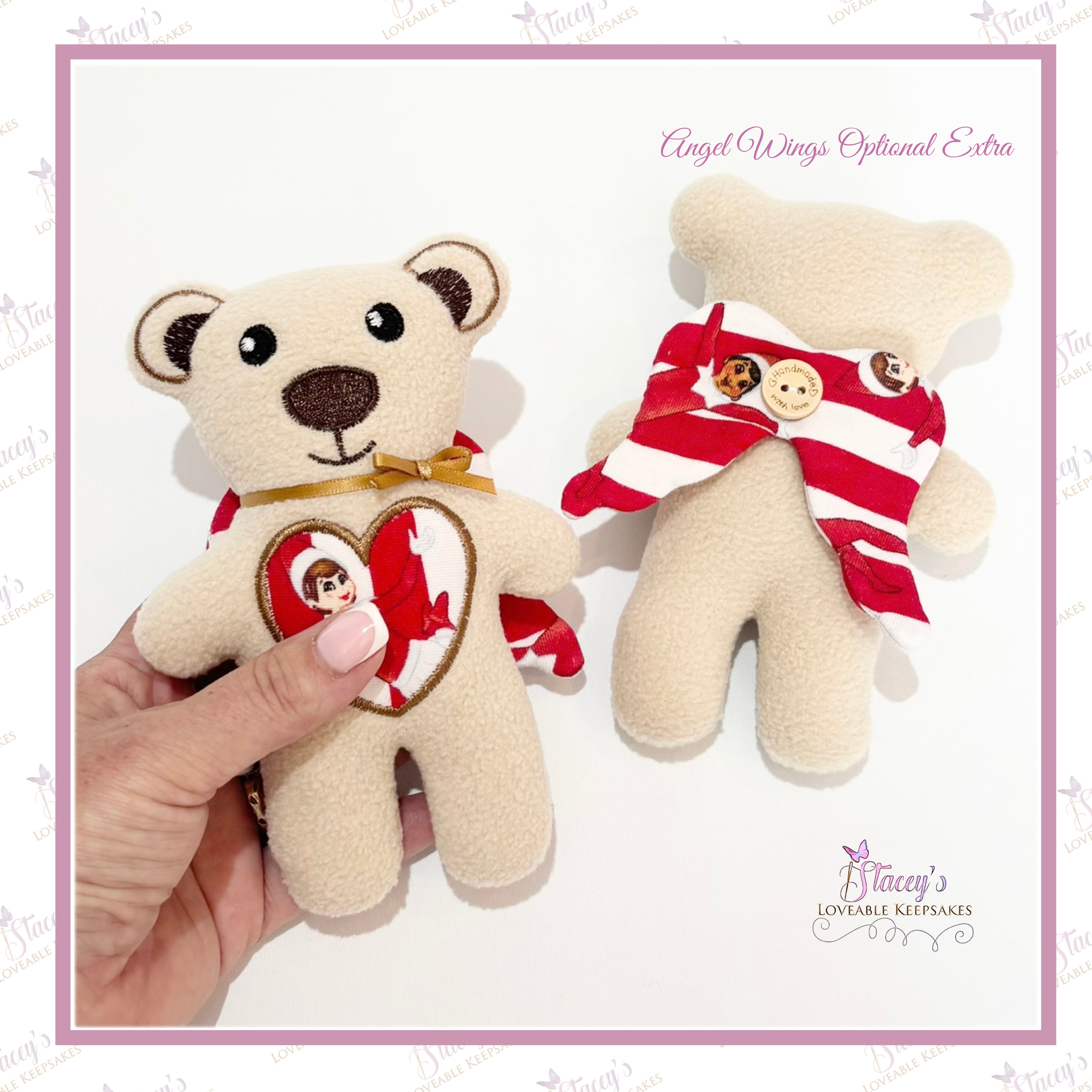 Personalised Always With You memorial bear made from loved one's clothing with optional angel wings, gift pouch and keepsake poem card.