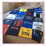 Handmade patchwork memory blanket created from a loved one's football shirts and sports clothing, finished with a soft fleece backing to create a personalised keepsake blanket.