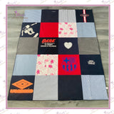 Handmade patchwork memory blanket created from a loved one's shirts and football clothing, preserving treasured logos and special fabric details in a personalised keepsake blanket.