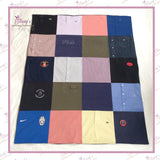Handmade patchwork memory blanket created from a loved one's treasured shirts and clothing, preserving original pockets and embroidered logos to create a personalised keepsake blanket.