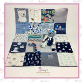 Handmade patchwork memory blanket created from precious baby clothes, preserving treasured baby outfits in a personalised keepsake blanket with soft anti-pill fleece backing.