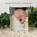 Personalised crystal photo block displayed upright in portrait orientation