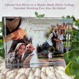 Personalised crystal photo block displaying an engagement photo collage in landscape orientation