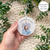 Blue angel wings candle photo bauble personalised with name Dad, remembrance ornament handmade in the UK.