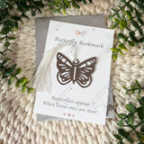 Silver butterfly bookmark on A6 hammered textured backing card with sympathy poem, white tassel and silver envelope, memorial keepsake gift.