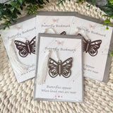 Set of butterfly bookmarks on memorial backing cards, thoughtful sympathy gift for funeral or remembrance.