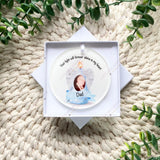 Blue angel wings candle photo bauble personalised with name Dad, in gift box remembrance ornament handmade in the UK.