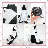 Personalised memory cat keepsake made from loved one's clothing with matching clothing shown before and after transformation.