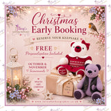 Christmas Early Booking banner for handmade memory bears and keepsakes from loved ones' clothing, featuring free personalisation, October and November booking spaces, festive decorations, robin and gift-wrapped memory bears.