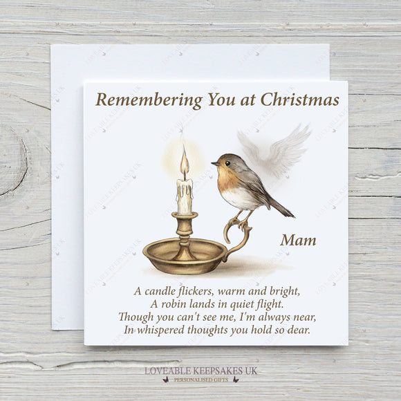 Remembering you at Christmas – personalised robin remembrance card with 'Mam' on front