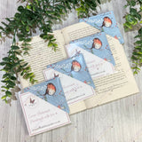 Packaged robin bookmark displayed on backing card inside clear cellophane wrap.