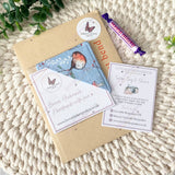 Christmas robin corner bookmark ready to gift, shown with packaging and hard-backed envelope.