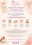 Memory bear care instructions card from Loveable Keepsakes showing how to care for handmade keepsake bears made from loved one's clothing, with cleaning advice, safety information, thank you message and floral robin design.