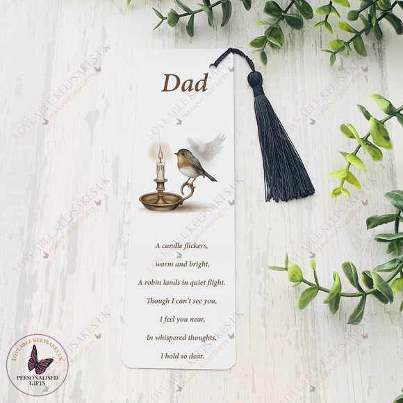 Personalised remembrance metal bookmark with robin and candle design, featuring the name Dad and angel wings detail.