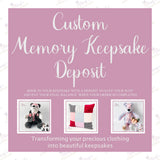 Custom memory keepsake deposit image for Loveable Keepsakes, showing examples of handmade memory bears, cushions, and patchwork stockings.