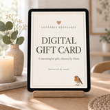Loveable Keepsakes digital gift card displayed on a tablet, a thoughtful online gift for memory bears, sewing keepsakes and personalised gifts.