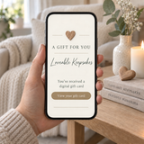 Loveable Keepsakes digital gift card shown on a mobile phone, delivered by email for the recipient to choose their own meaningful keepsake or personalised gift.