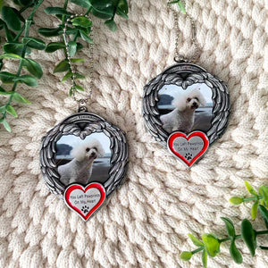 Two photo angel wings pet memorial ornaments displayed on a cream knitted background surrounded by greenery.