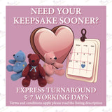 Photo showing three handmade memory bears with a calendar and heart tag, promoting Express Turnaround for keepsakes completed in 5–7 working days.