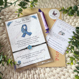 Forget me not wish bracelet on plantable seed card with gift packaging, thank you card and sweet