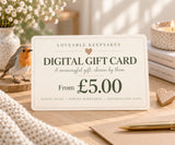 Loveable Keepsakes digital gift card from £5 for memory bears, sewing keepsakes and personalised gifts, displayed with a robin in a warm neutral setting.
