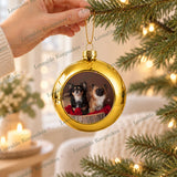 Gold personalised photo Christmas bauble shown as an alternative colour option with pet photograph