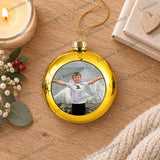 Gold personalised pet photo Christmas bauble with a boy photograph and gold hanging cord