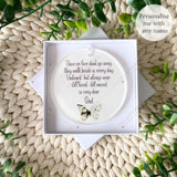 Green butterfly remembrance bauble displayed in white presentation gift box with soft white ribbon – personalised acrylic memorial keepsake decoration for loved ones.