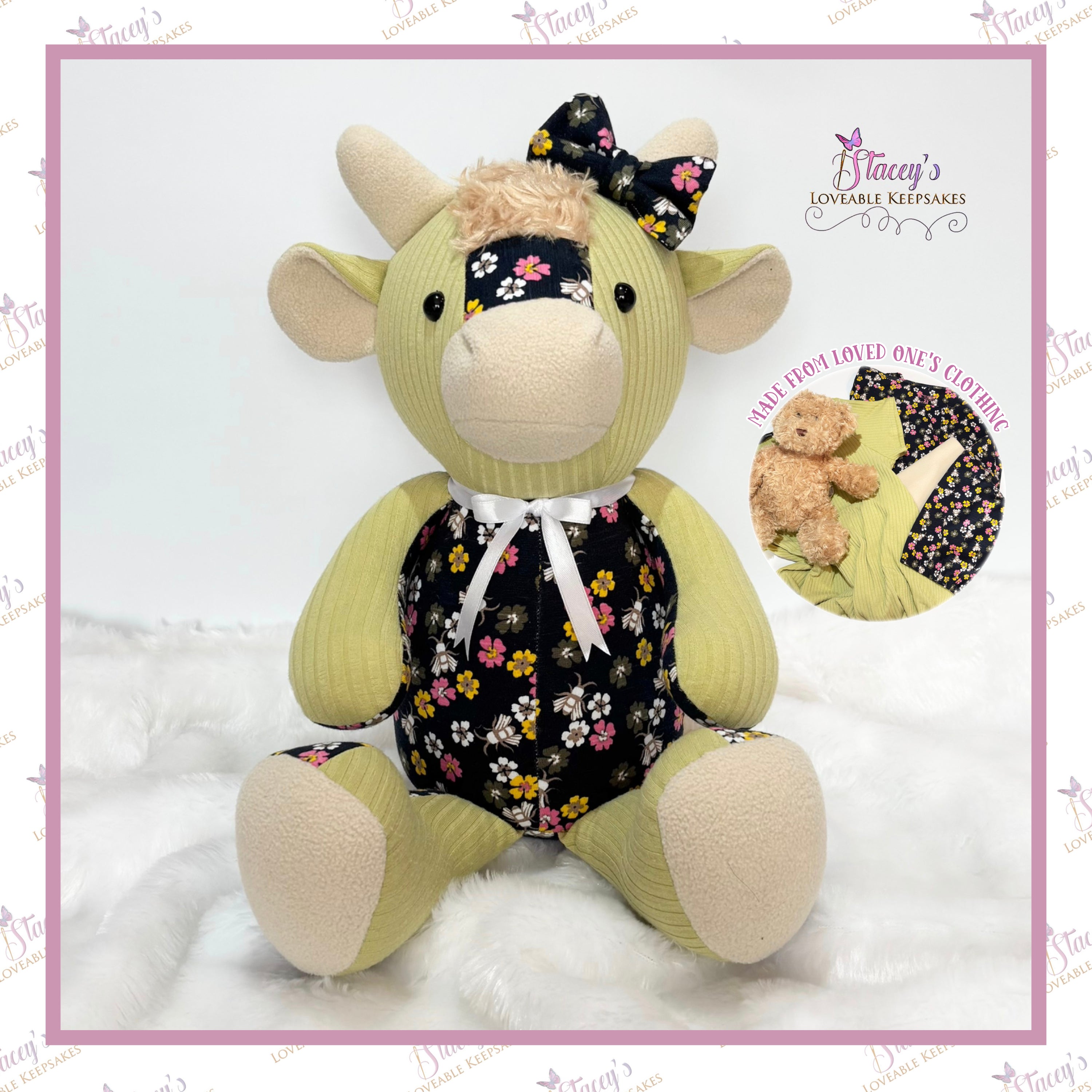 Handmade Memory Highland Cow Keepsake created from loved one's clothing by Stacey's Loveable Keepsakes UK.