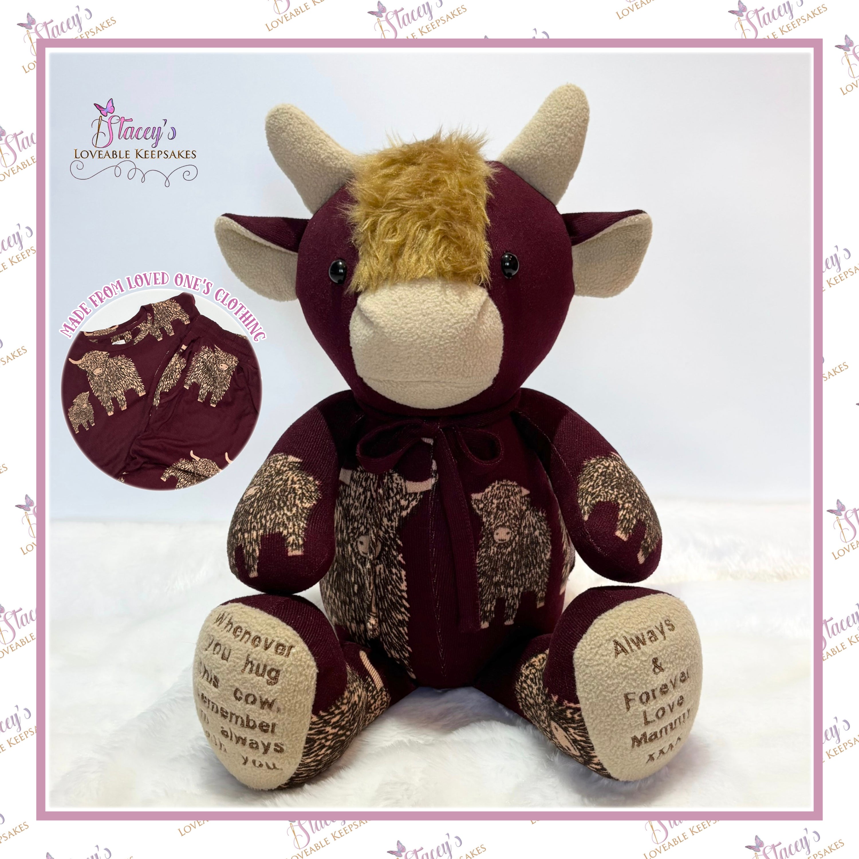 Handmade Memory Highland Cow Keepsake made from a loved one's clothing with embroidered message feet and faux fur fringe.
