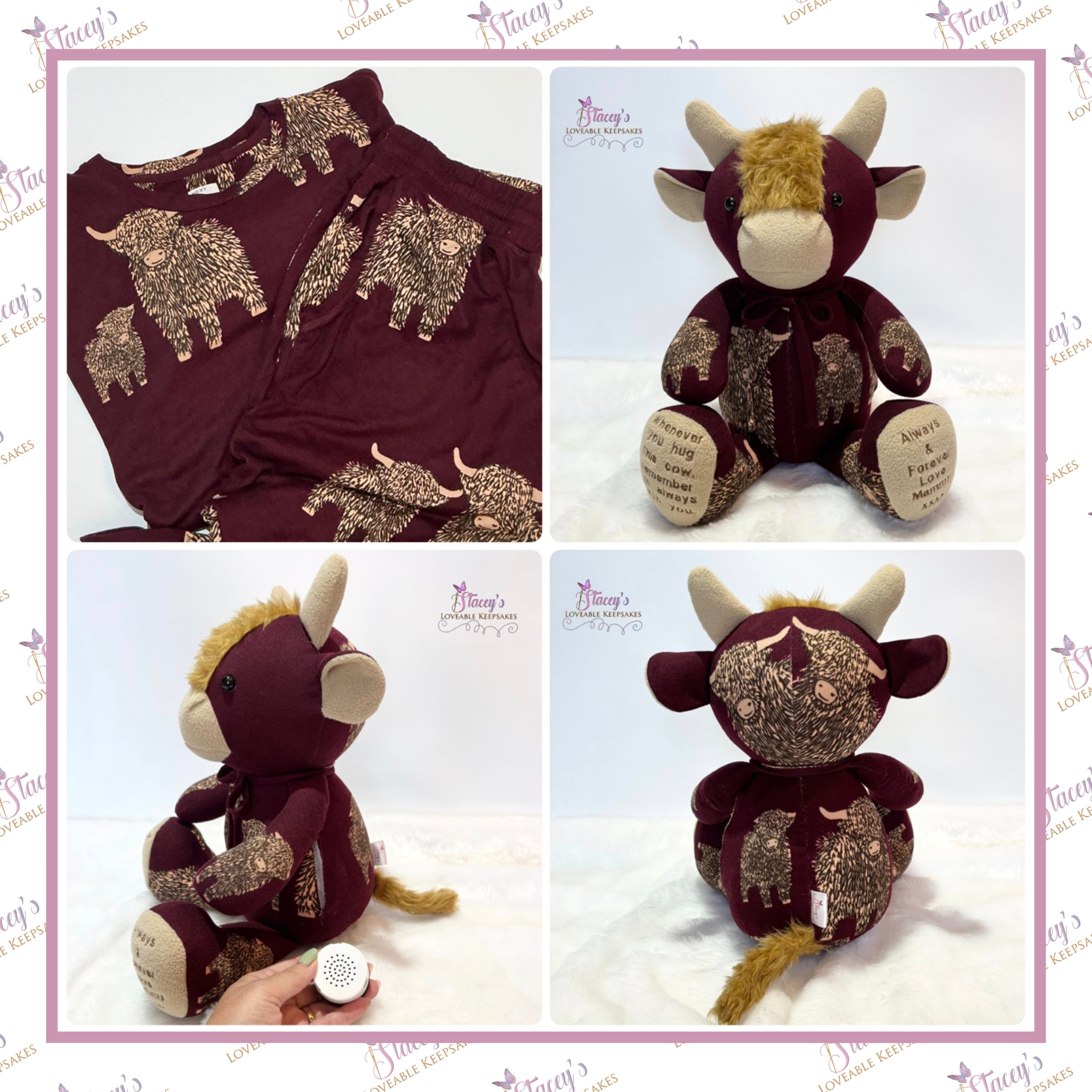 Memory Highland Cow Keepsake handmade from loved one's pyjamas showing clothing before and finished keepsake from front, side and back.
