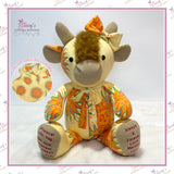 Personalised Memory Highland Cow Keepsake made from a loved one's pyjamas with embroidered feet and faux fur fringe.