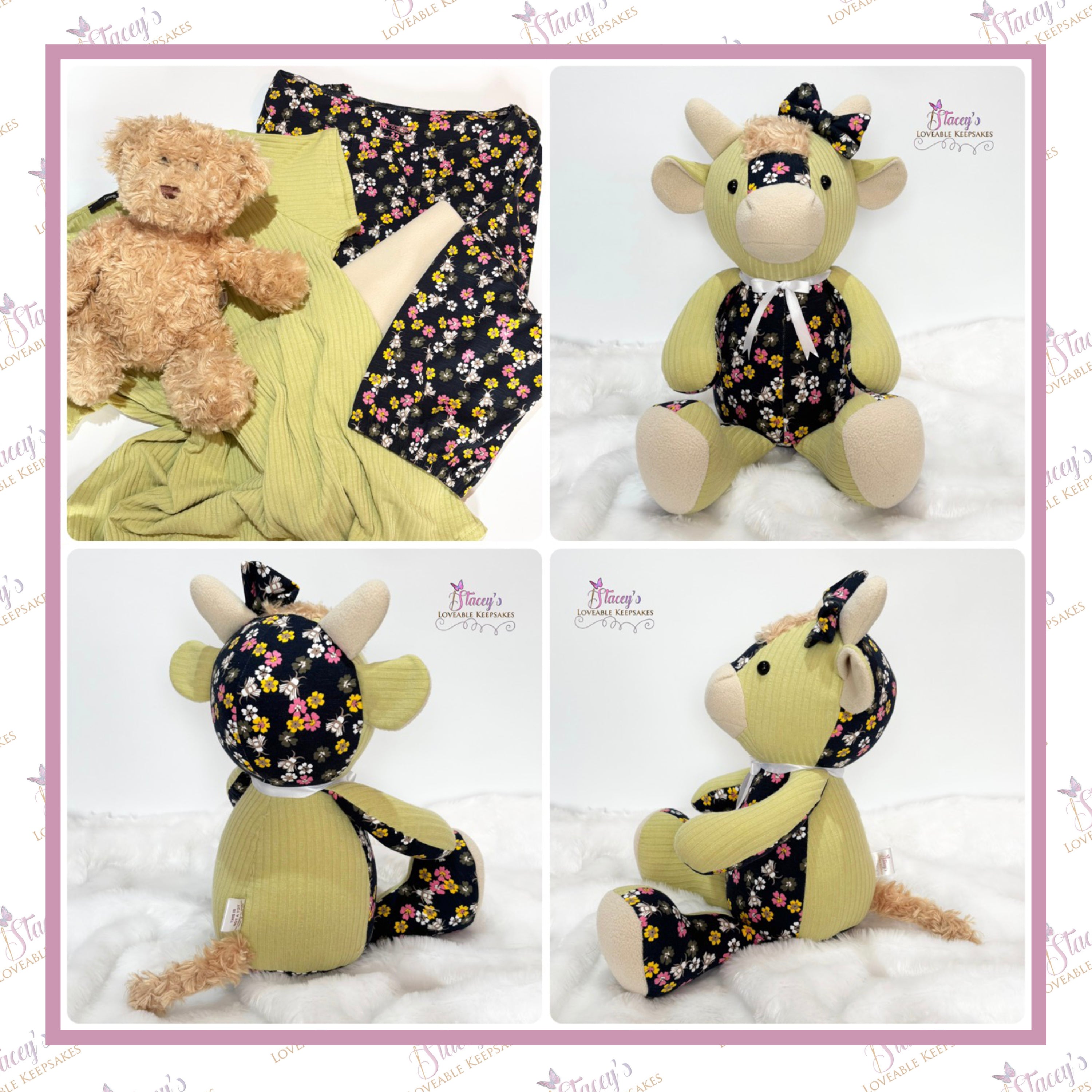 Memory Highland Cow Keepsake handmade from loved one's clothing, showing the clothing used alongside front, side and rear views of the finished handcrafted keepsake.