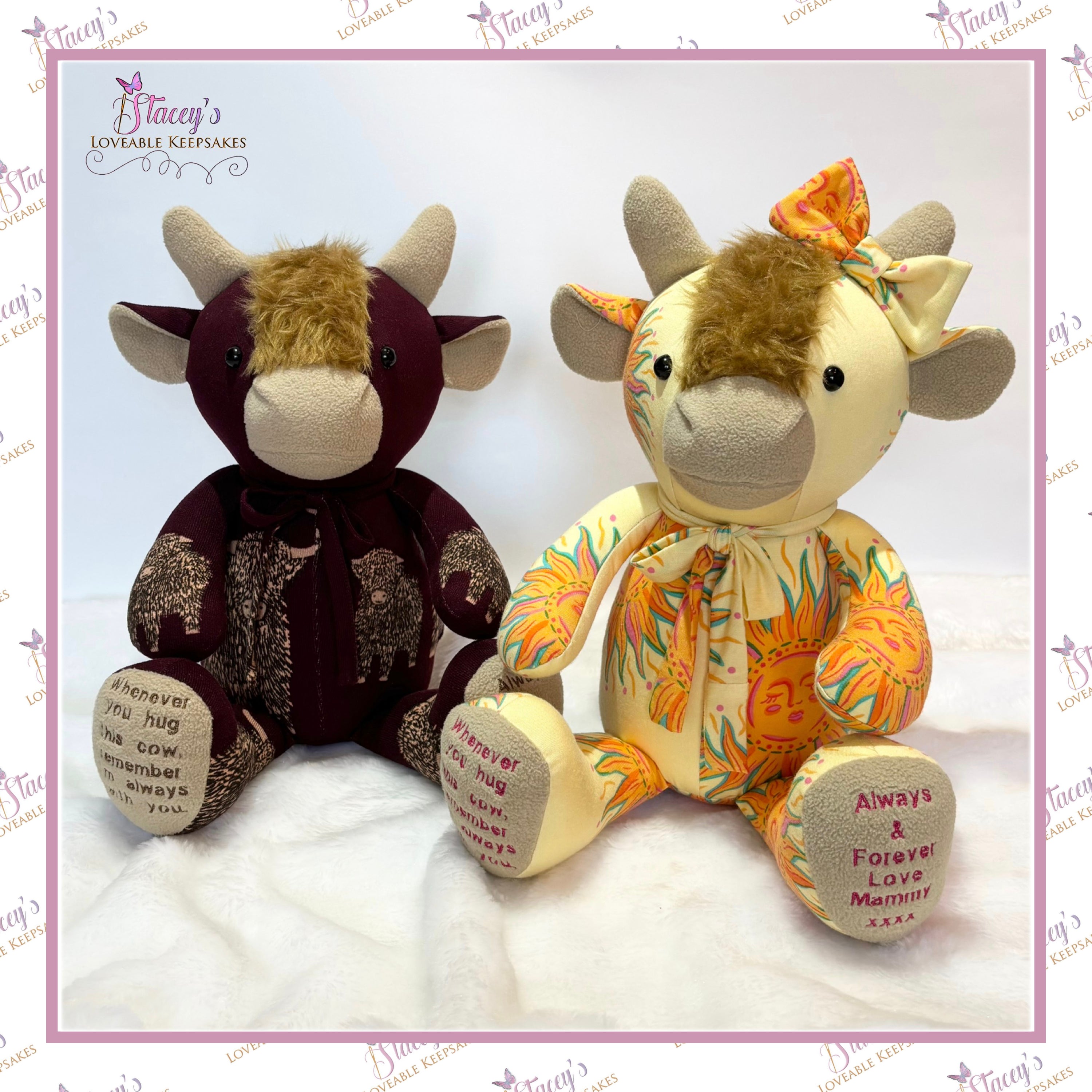 Two personalised Memory Highland Cow Keepsakes handmade from loved one's clothing, showing different fabric designs, embroidered feet and faux fur fringe.